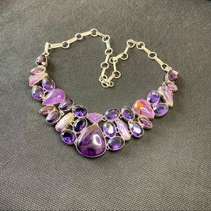 Charoite Necklace with Faceted Amethyst, Charoite and Biwa Pearl Bib Necklace